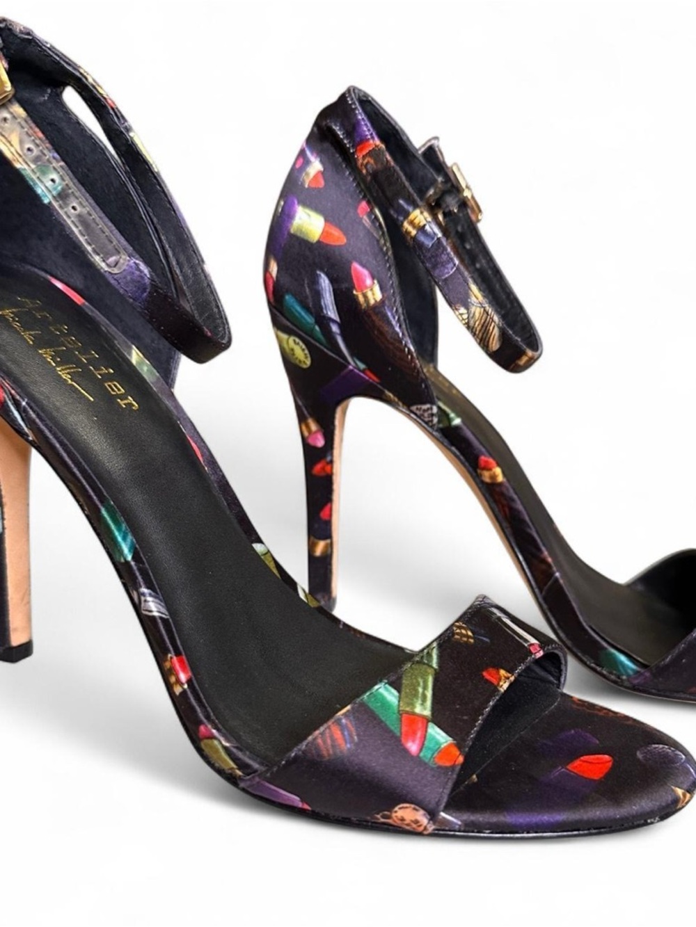 Nicole Miller Black Satin Lipstick-Print Ankle-Strap Stilettos